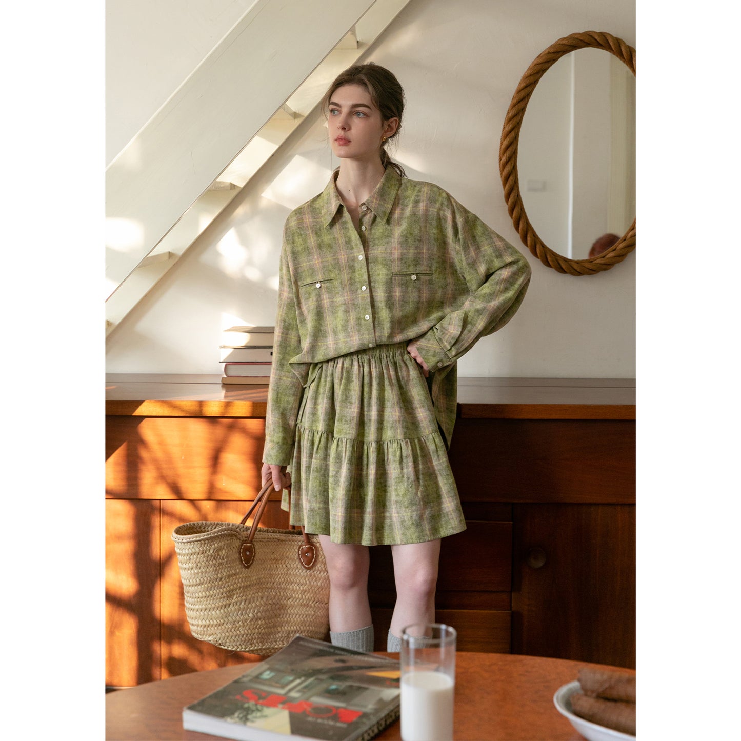 Plaid Round-Hem Shirt And Tiered Skirt