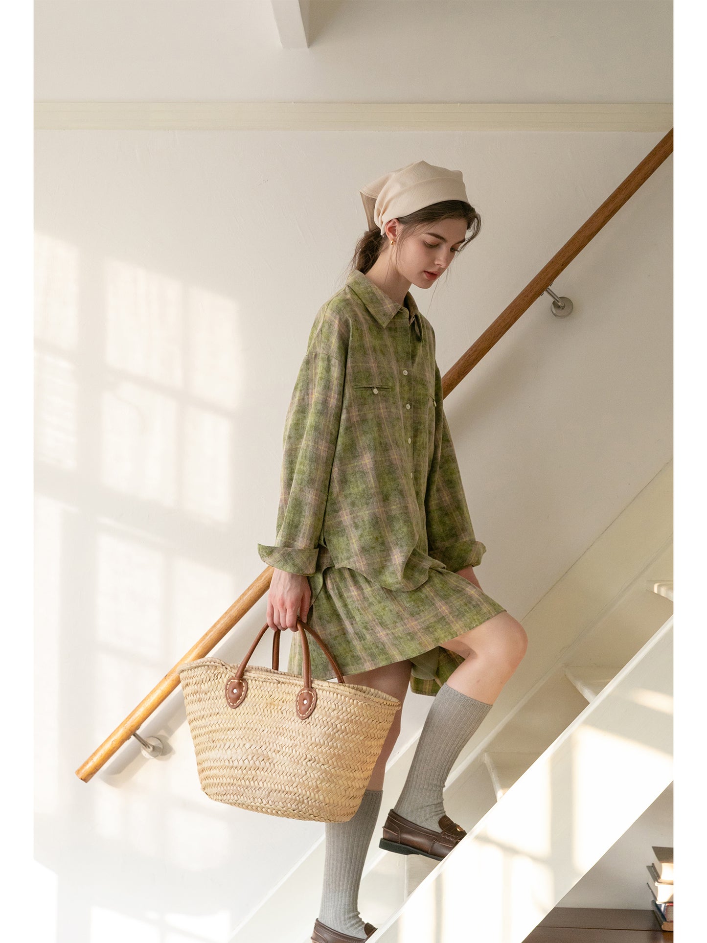 Plaid Round-Hem Shirt And Tiered Skirt