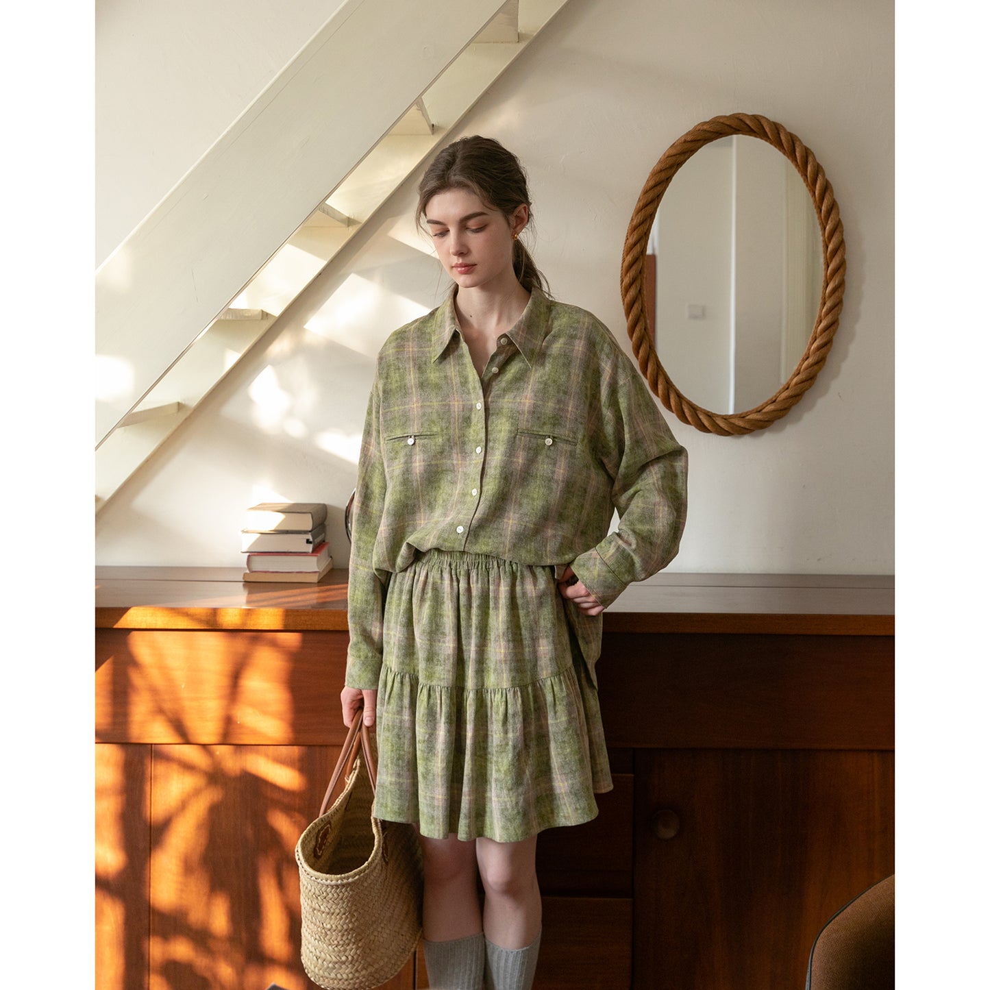 Plaid Round-Hem Shirt And Tiered Skirt
