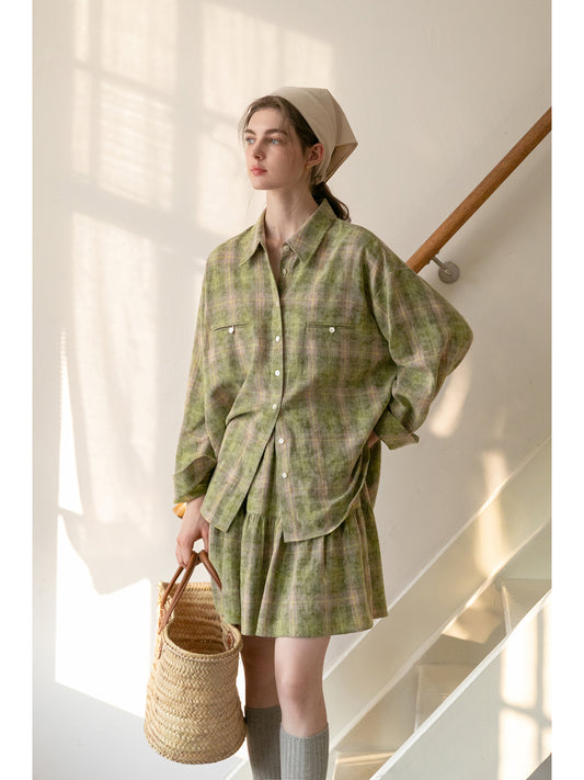 Plaid Round-Hem Shirt And Tiered Skirt