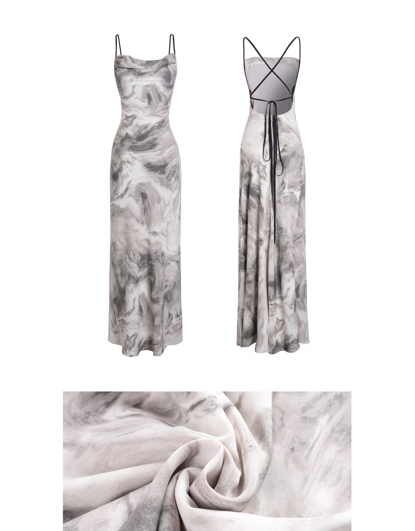 Open-Back Marble Smudge Print Maxi Dress