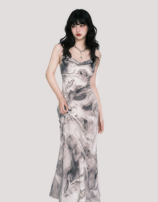 Open-Back Marble Smudge Print Maxi Dress