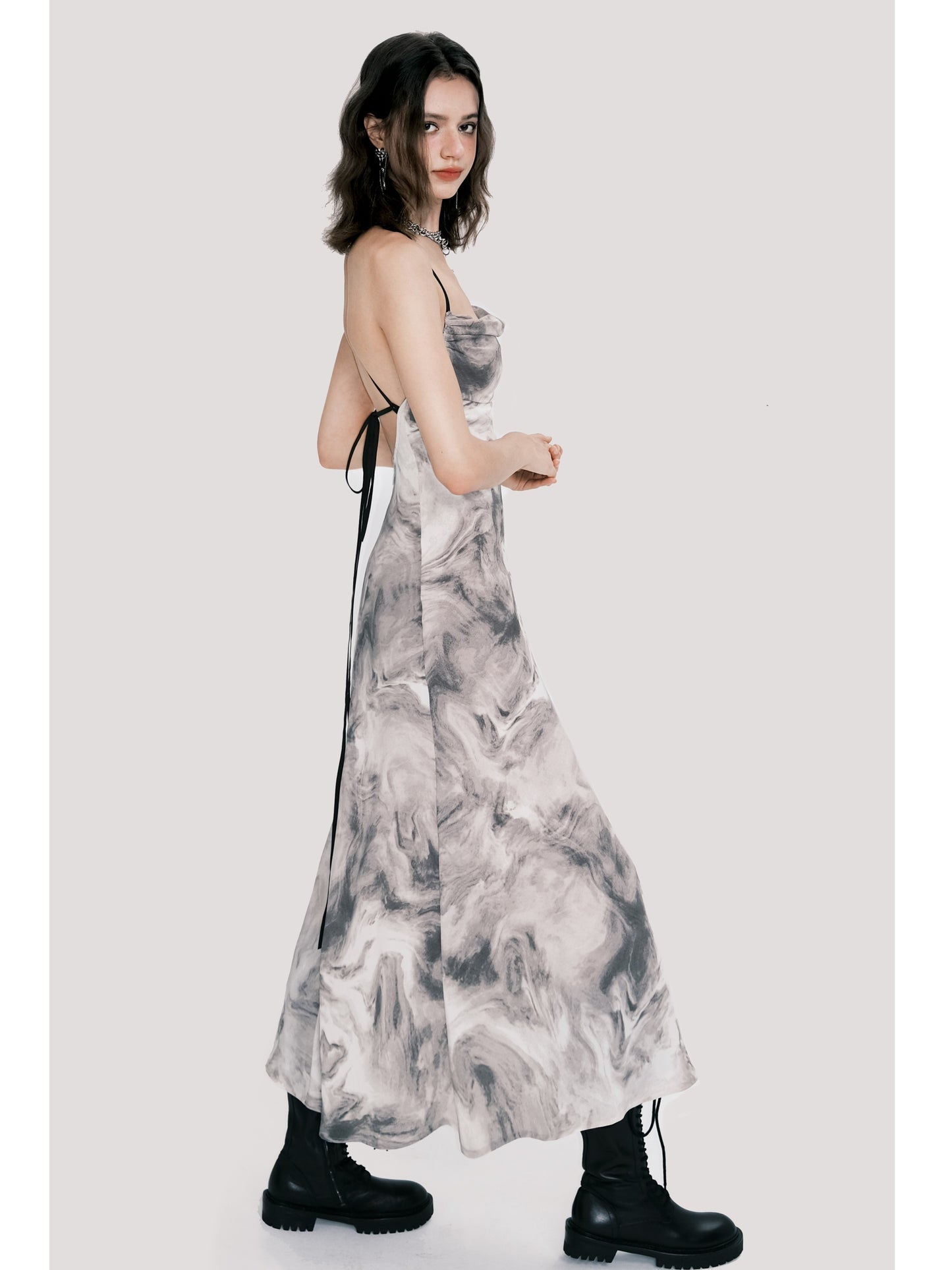 Open-Back Marble Smudge Print Maxi Dress