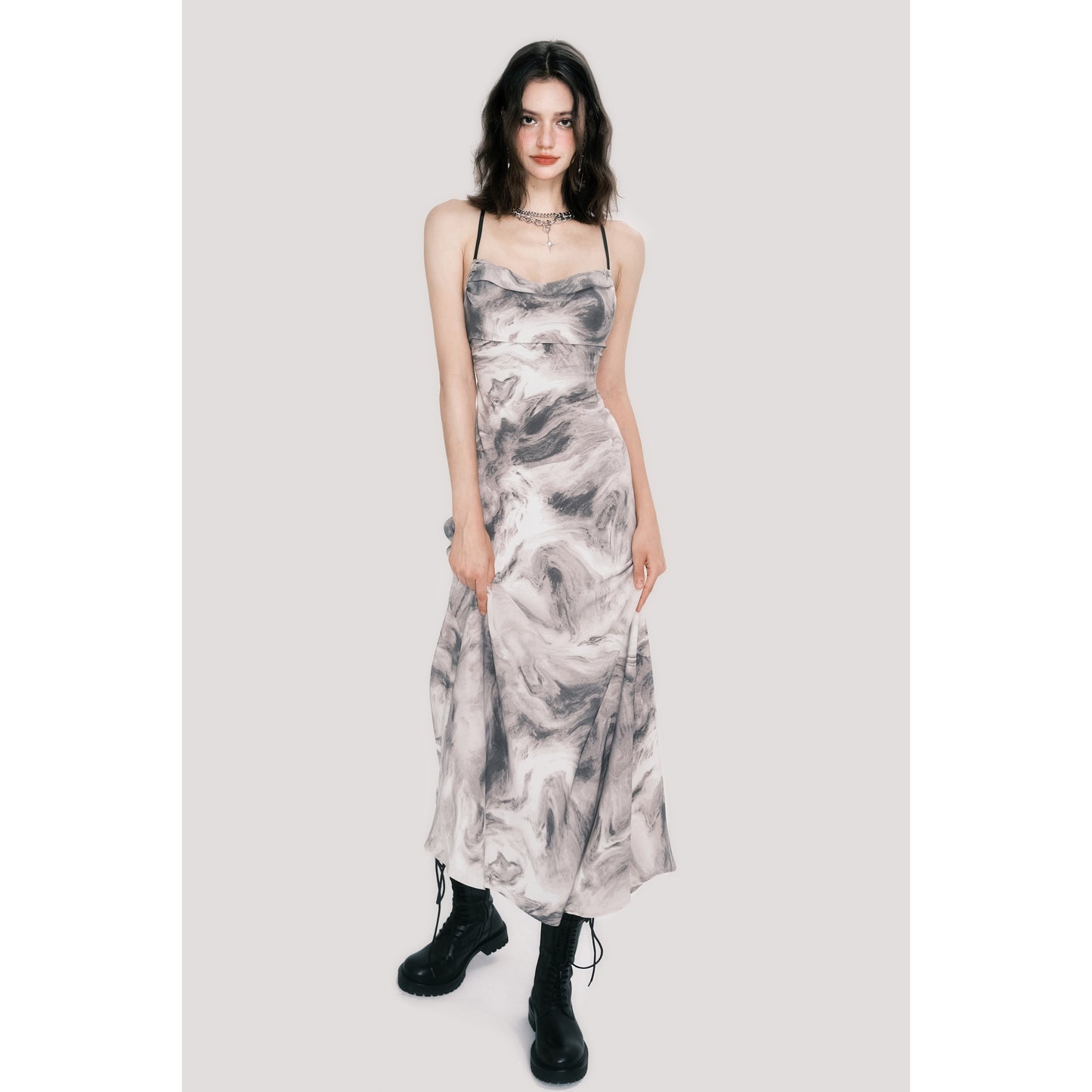 Open-Back Marble Smudge Print Maxi Dress