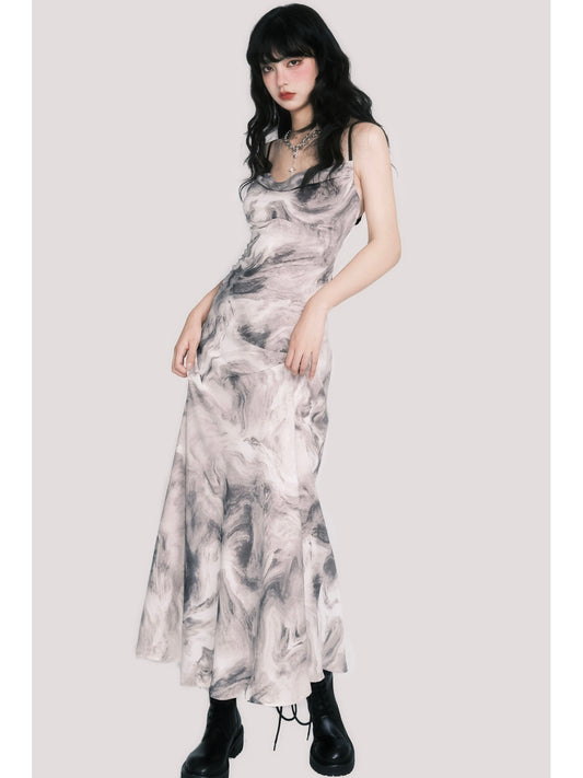 Open-Back Marble Smudge Print Maxi Dress
