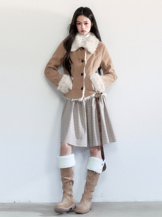 Faux Suede Fitted Jacket With Fur Lining