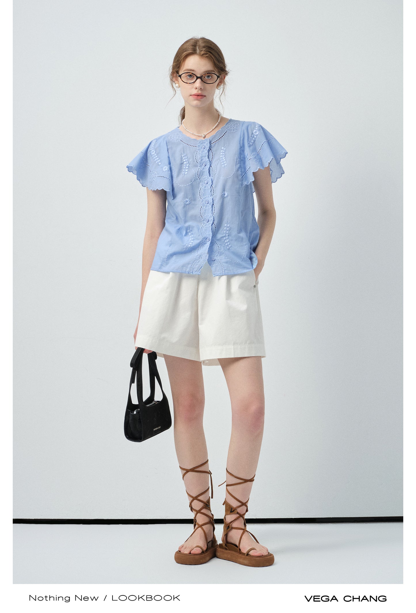 Scalloped-Sleeve Embroidered Cotton Blouse