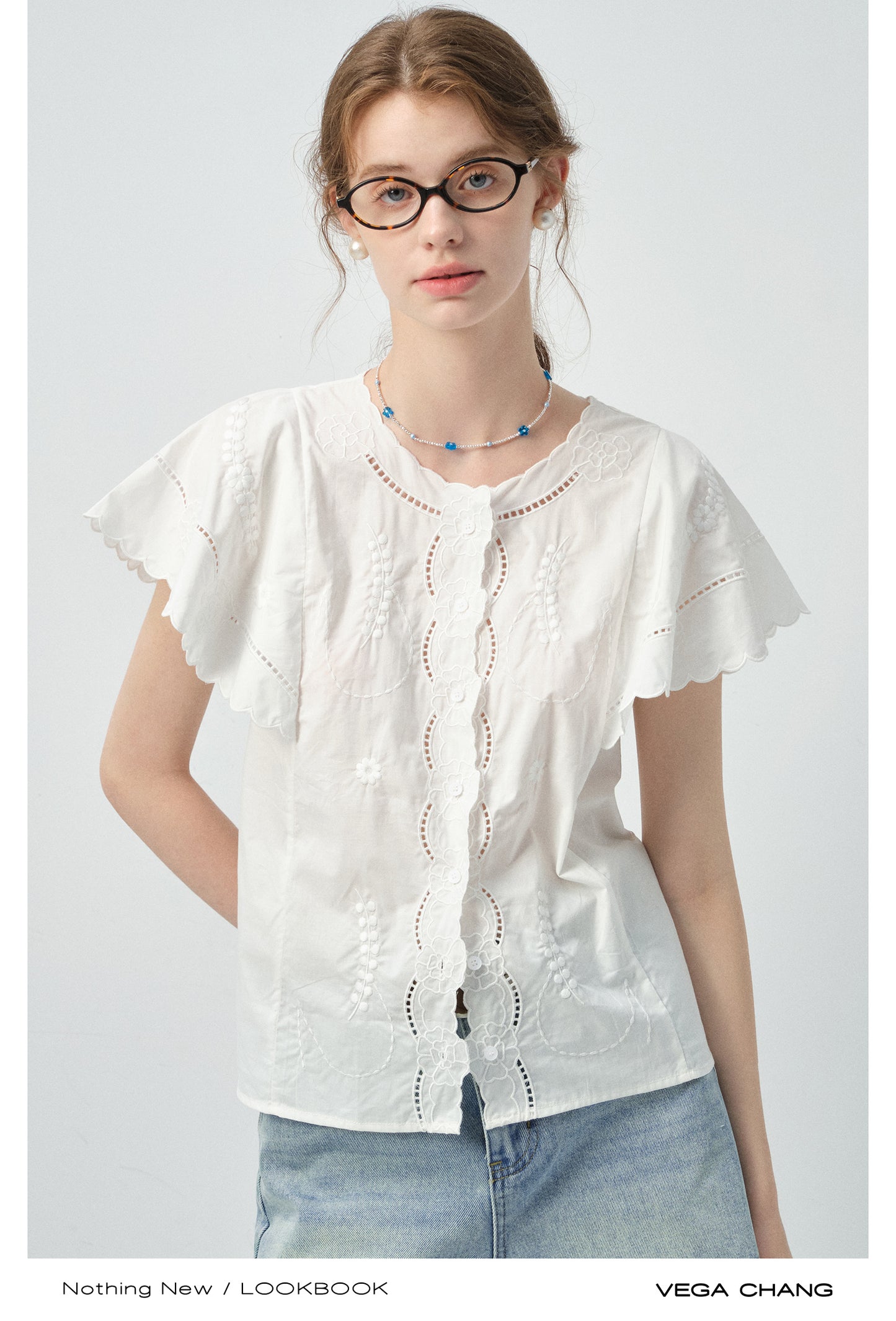 Scalloped-Sleeve Embroidered Cotton Blouse