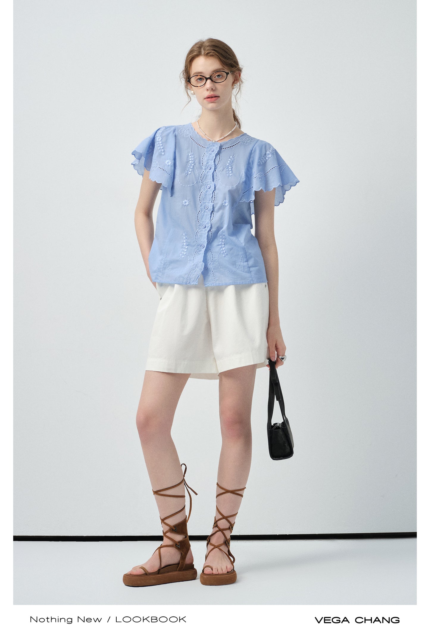 Scalloped-Sleeve Embroidered Cotton Blouse