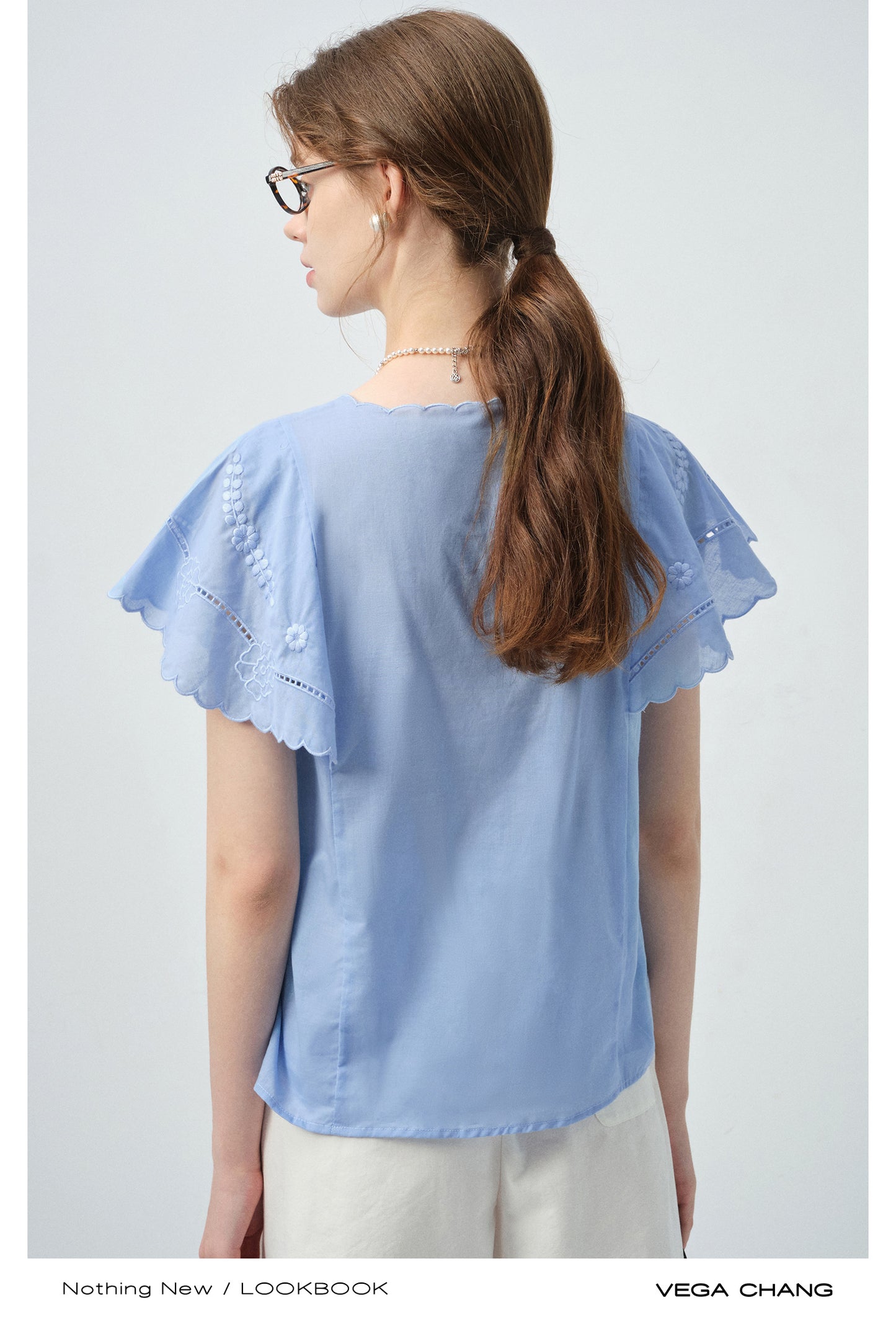 Scalloped-Sleeve Embroidered Cotton Blouse