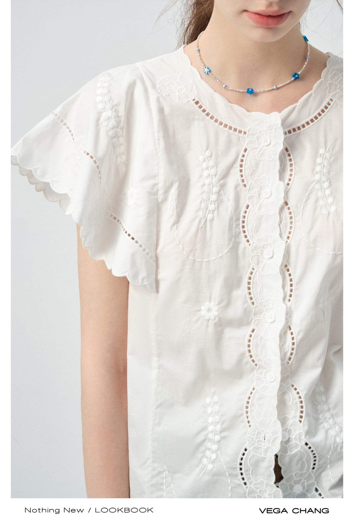 Scalloped-Sleeve Embroidered Cotton Blouse