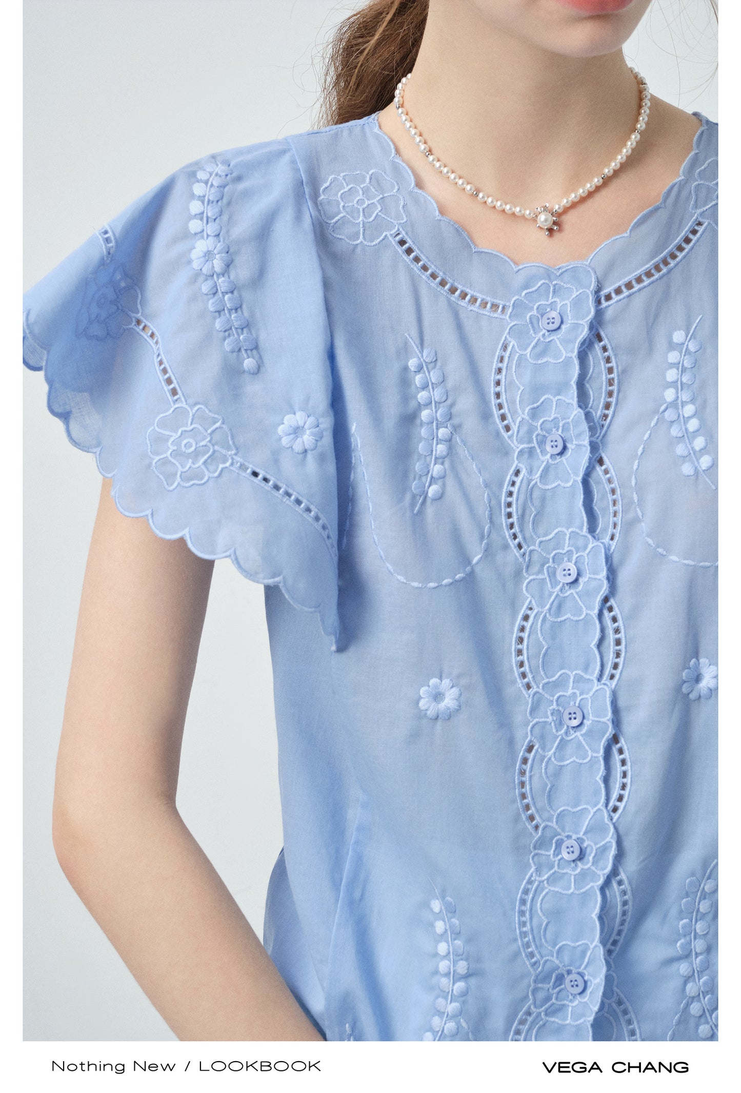 Scalloped-Sleeve Embroidered Cotton Blouse