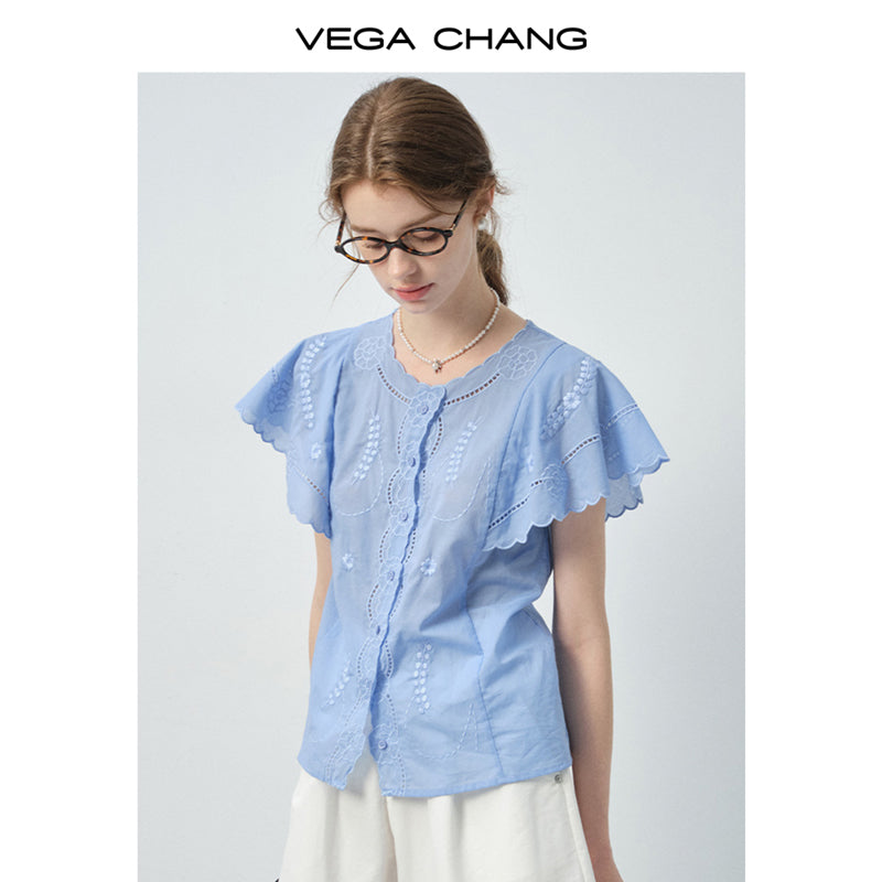 Scalloped-Sleeve Embroidered Cotton Blouse