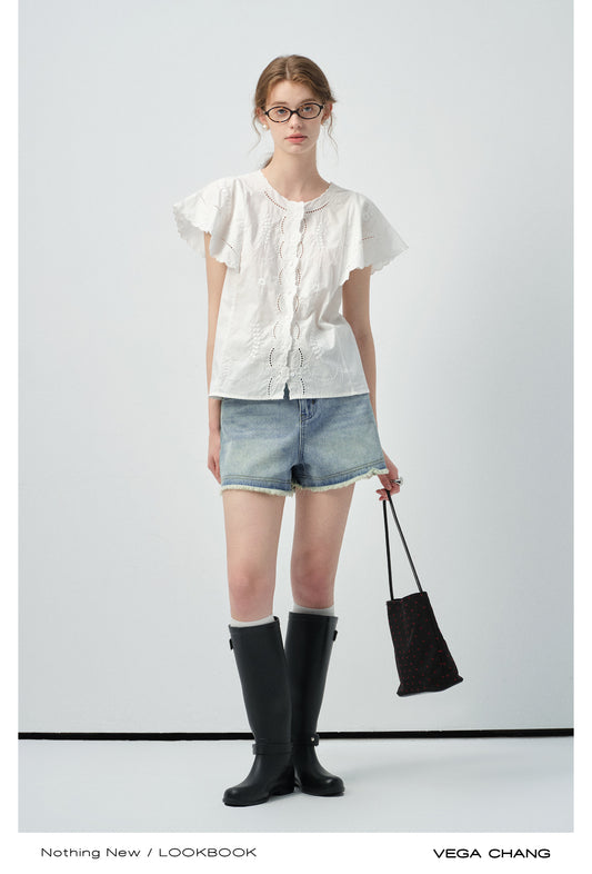 Scalloped-Sleeve Embroidered Cotton Blouse