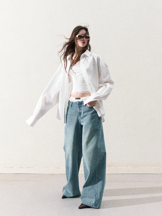 Classic Washed Wide-Leg Low-Rise Jeans