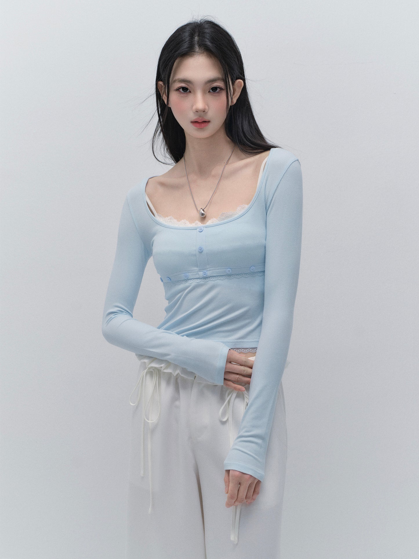 Slim Fit Top With Ballet Neck And Button Detail