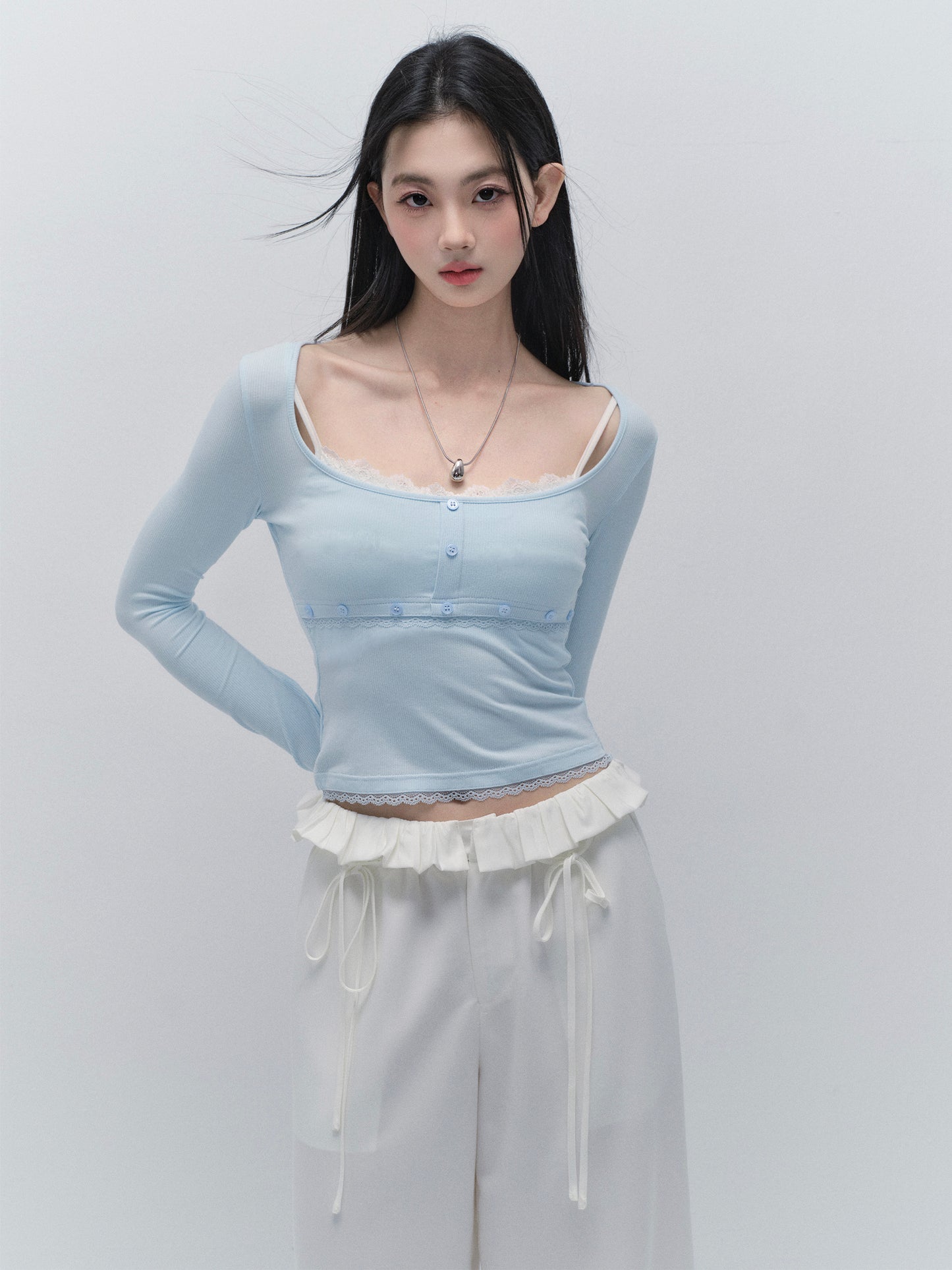 Slim Fit Top With Ballet Neck And Button Detail