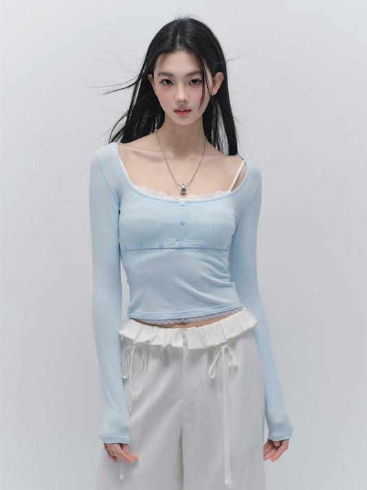 Slim Fit Top With Ballet Neck And Button Detail