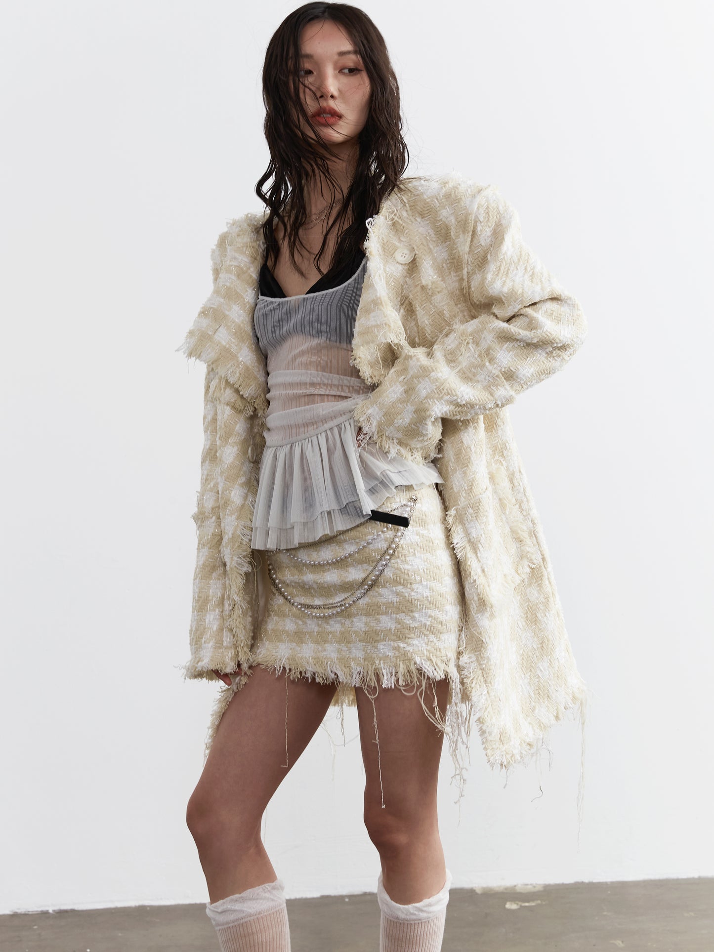 Fringed Mini Skirt With Studded Belt & Chain Detail