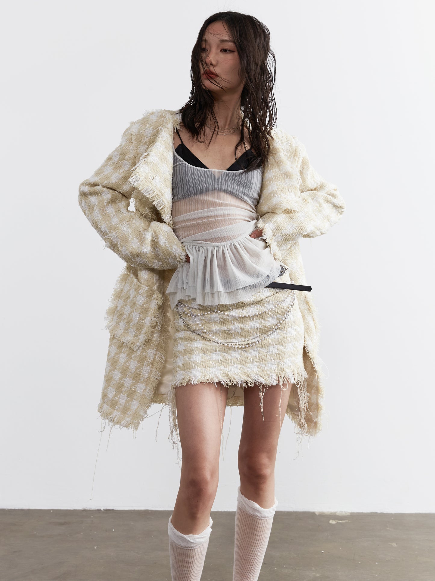 Fringed Mini Skirt With Studded Belt & Chain Detail