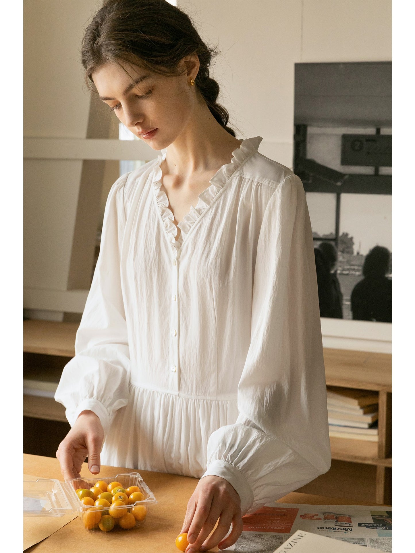 Ruffle Neck Puff Sleeve Crinkled Maxi Dress