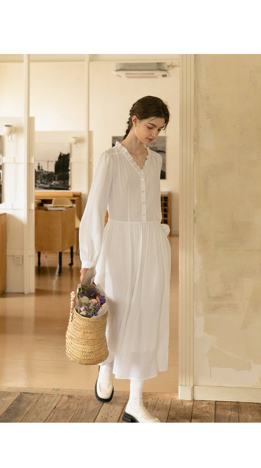 Ruffle Neck Puff Sleeve Crinkled Maxi Dress