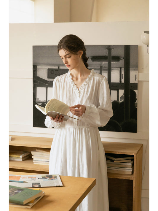 Ruffle Neck Puff Sleeve Crinkled Maxi Dress