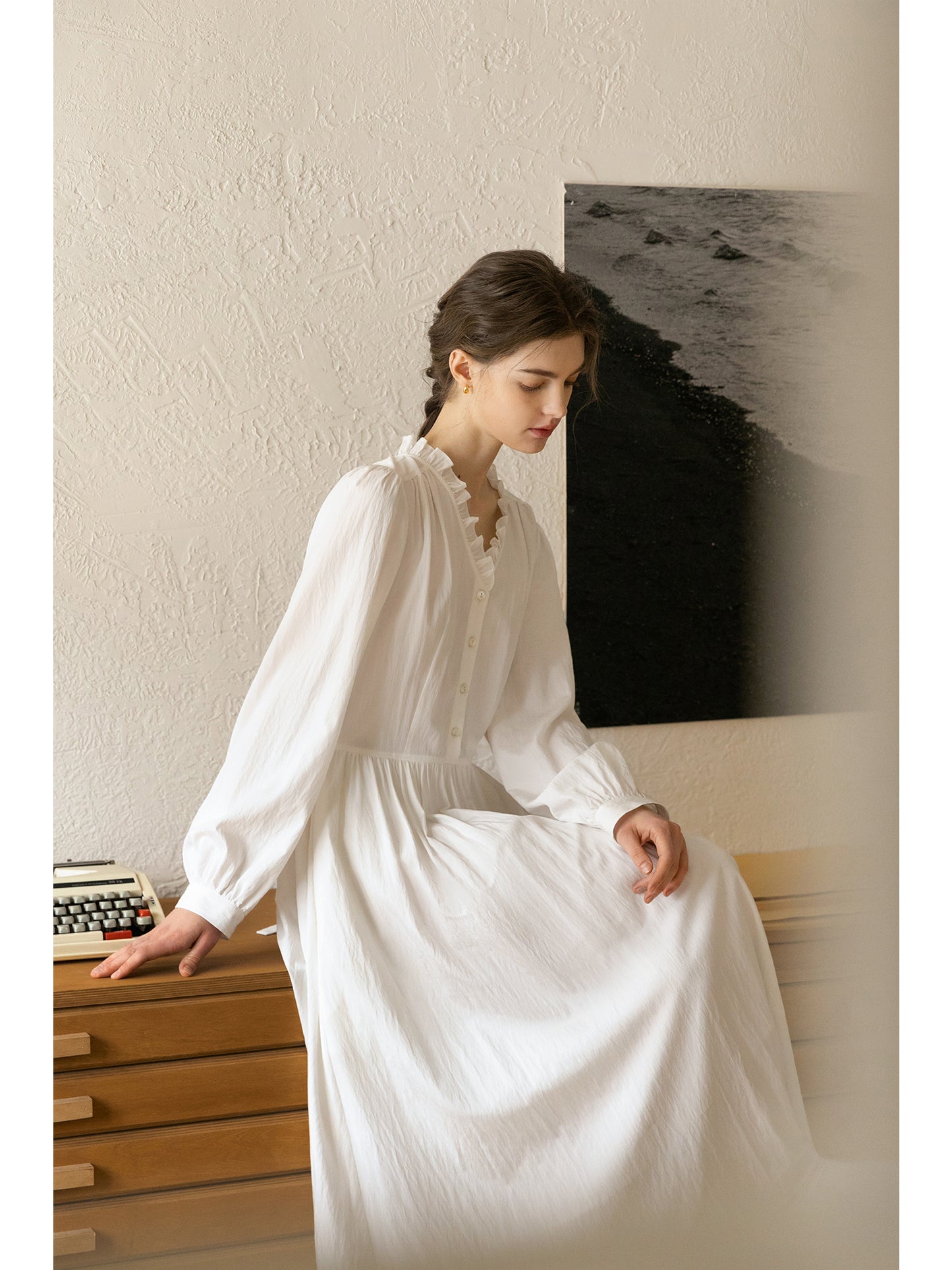 Ruffle Neck Puff Sleeve Crinkled Maxi Dress