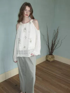 Cold-Shoulder Top With Floral Embroidery