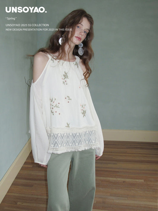 Cold-Shoulder Top With Floral Embroidery
