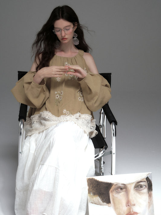 Cold-Shoulder Top With Floral Embroidery