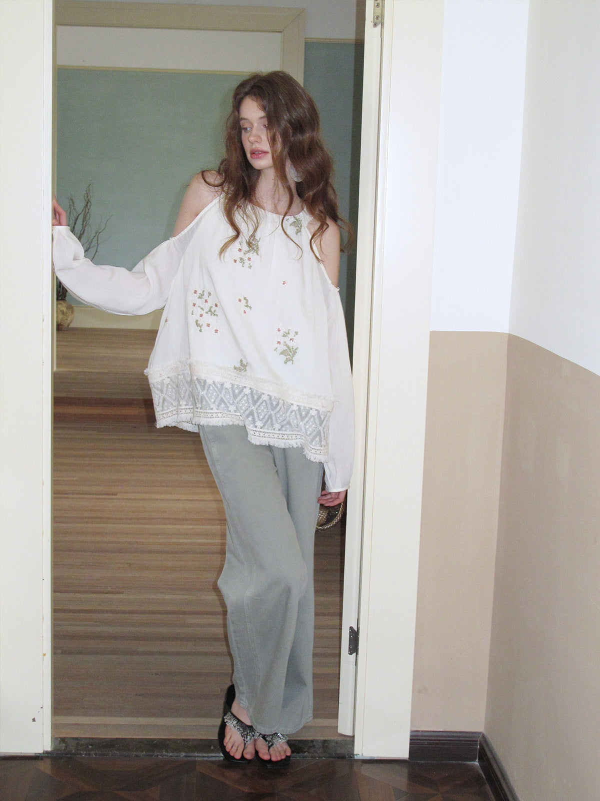 Cold-Shoulder Top With Floral Embroidery