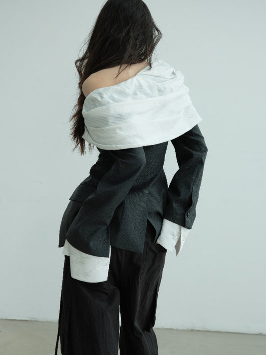 Chic Off-Shoulder Mixed Fabric Jacket