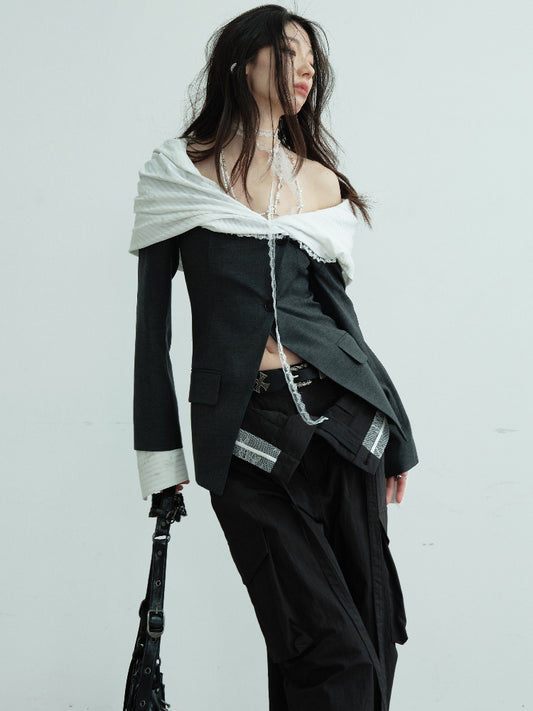 Chic Off-Shoulder Mixed Fabric Jacket