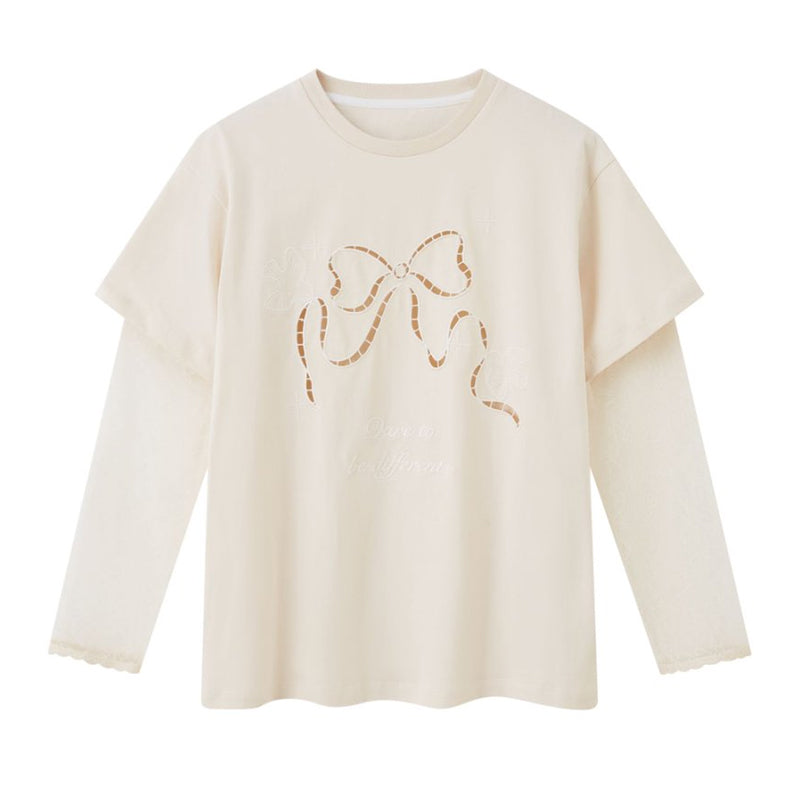 Cut-Out Bow Embroidered T-Shirt With Lace Sleeves