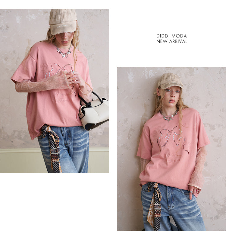 Cut-Out Bow Embroidered T-Shirt With Lace Sleeves