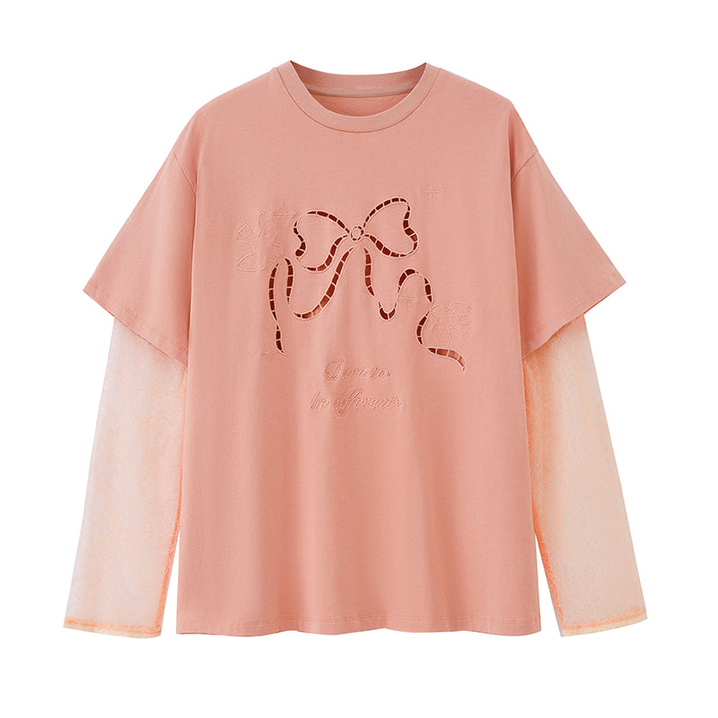 Cut-Out Bow Embroidered T-Shirt With Lace Sleeves