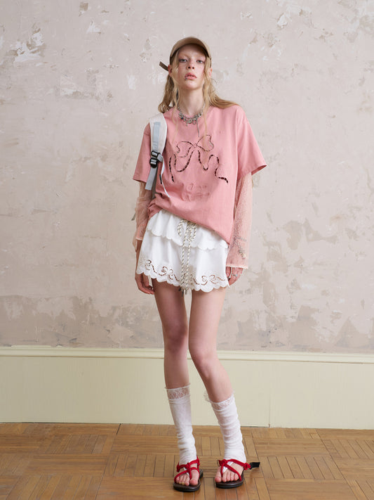 Cut-Out Bow Embroidered T-Shirt With Lace Sleeves