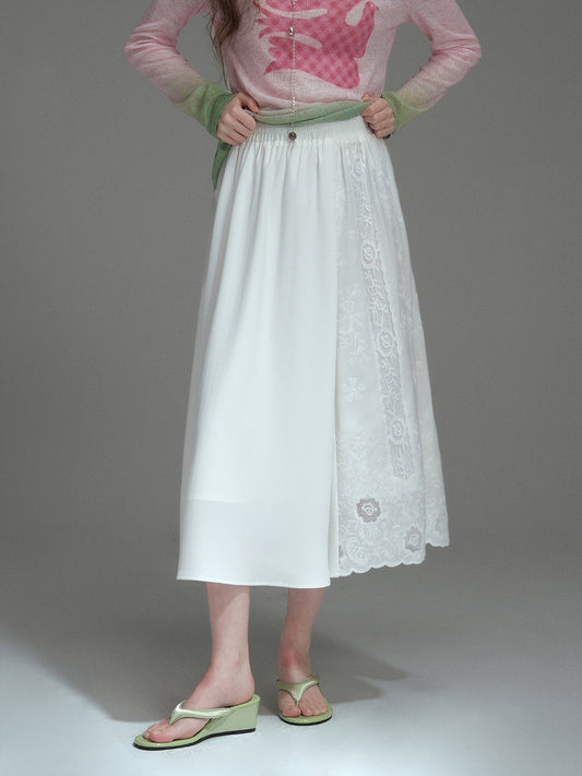Elastic-Waist Midi Lace Skirt With Scallop Hem