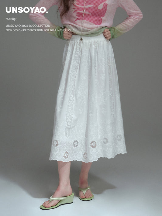Elastic-Waist Midi Lace Skirt With Scallop Hem