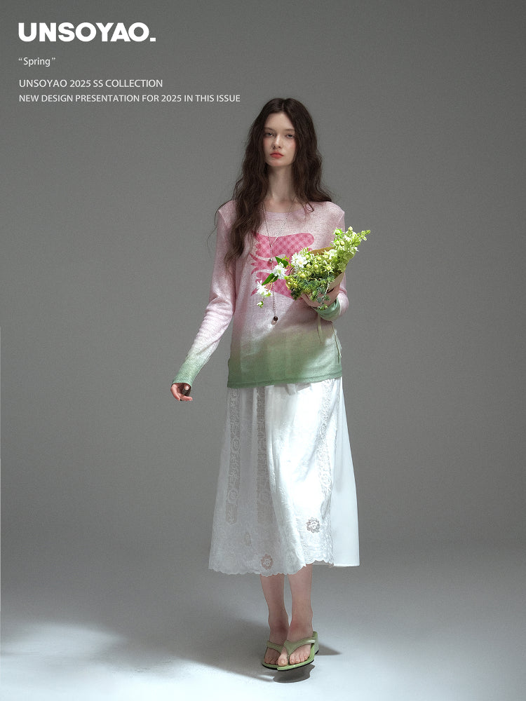 Elastic-Waist Midi Lace Skirt With Scallop Hem