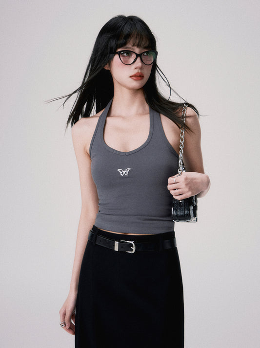 Classic Cotton Halter Top With Butterfly Charm