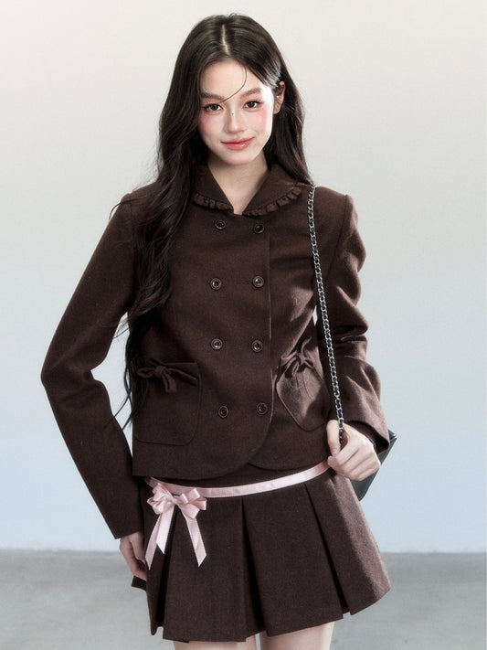 Double Breasted Jacket, Matching Top And Skirt With Bow