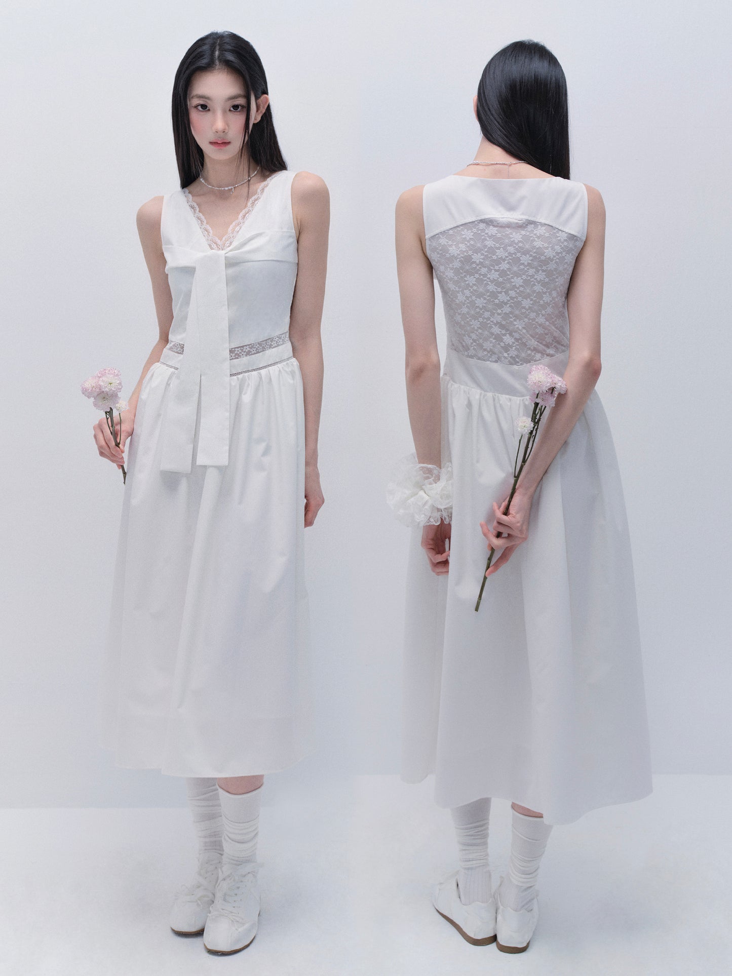 V-Neck Ribbon Dress With Sheer Lace Back