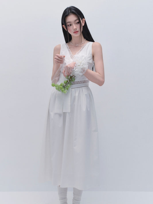 V-Neck Ribbon Dress With Sheer Lace Back