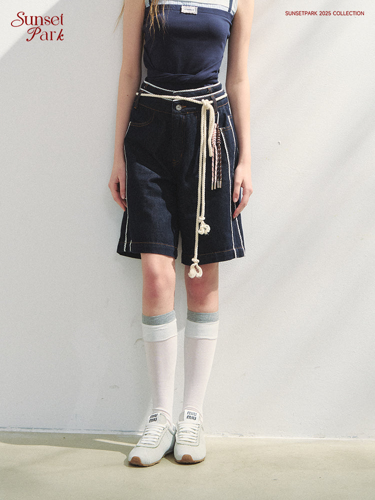 Double-Waist Bermuda Pants With Lace Trim