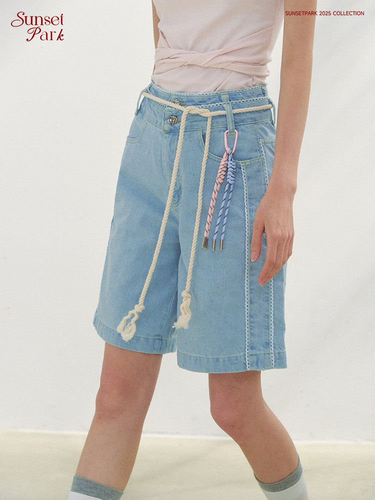 Double-Waist Bermuda Pants With Lace Trim