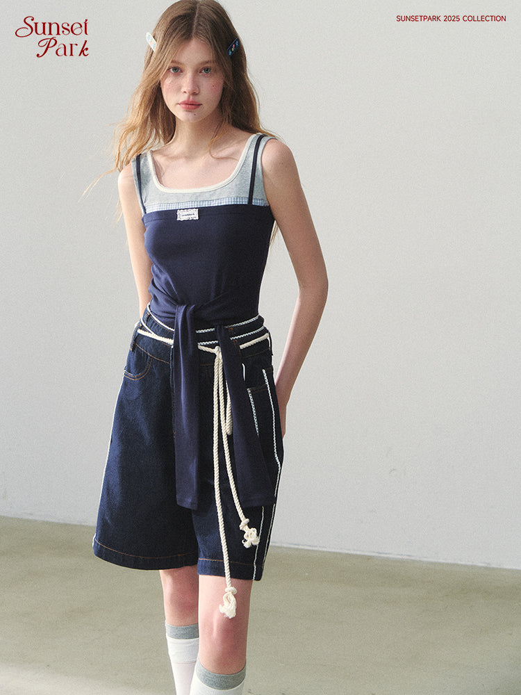Double-Waist Bermuda Pants With Lace Trim