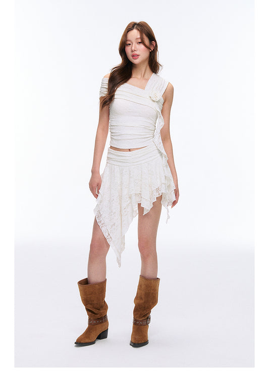 One-Shoulder Ruched Lace Top And Asymmetric Mini Skirt