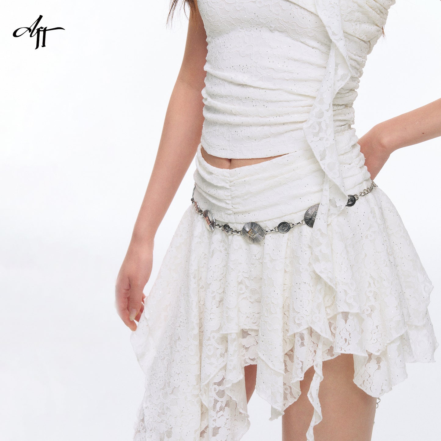 One-Shoulder Ruched Lace Top And Asymmetric Mini Skirt